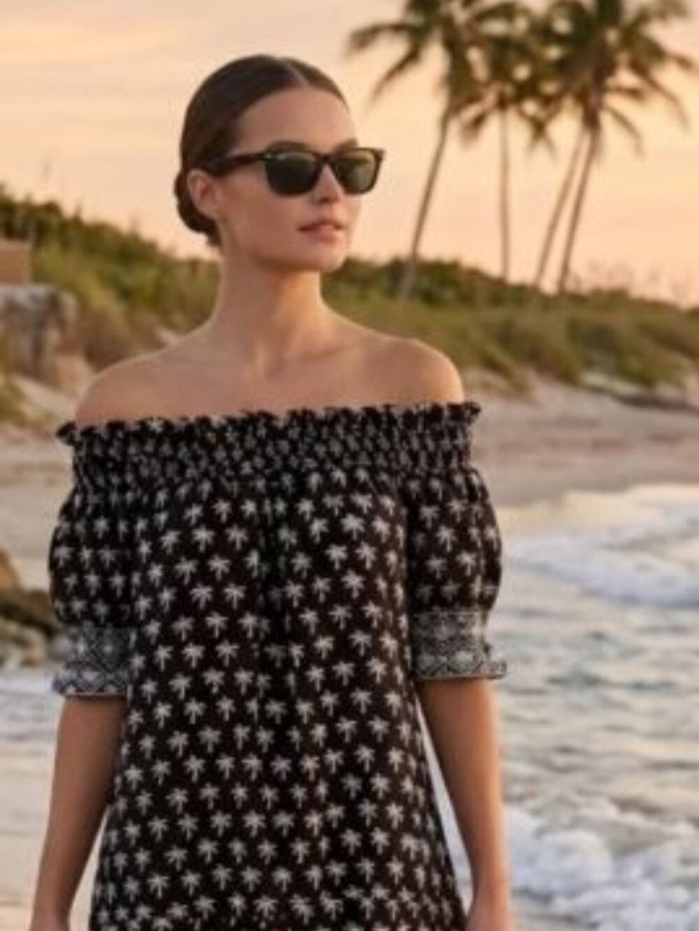 Natalie Martin Palm tree Off Shoulder Ruffle 100% Silk Mini Dress Sz L